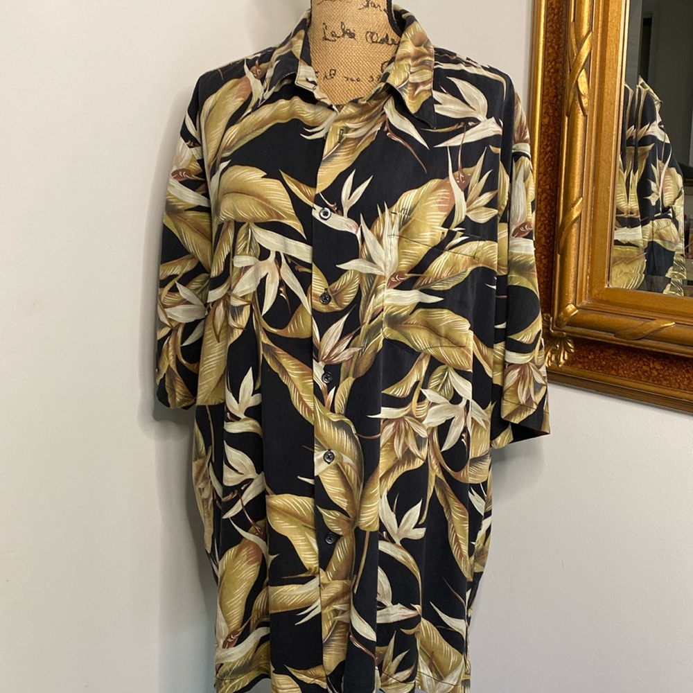 Kona Kai Trading Company Mens Short Sleeve Shirt Silk Blend Black Beige 2XL